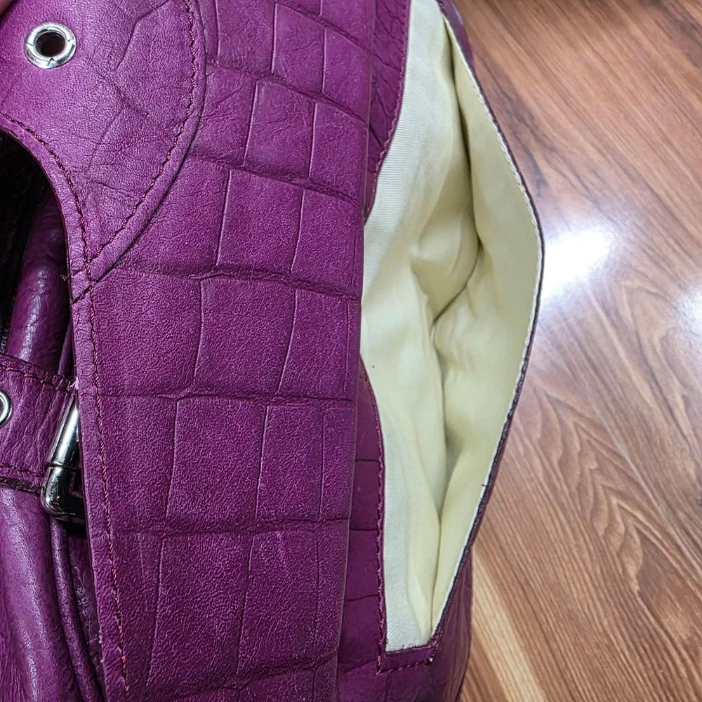 Nordstrom Purple Croc Leather Satchel Bag Purse Large Top Handle Travel Italy